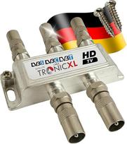 TronicXL 4x Premium BK Splitter TV kabelio adapteris Antenos skirstytuvas Kabelinė televizija DVBC, pvz., Unitymedia SAT Splitter Unicable 4 Way 4-Way Virgin antenos palydovinė antena Minkštas DVB-T2 DVB-C DVB-S2