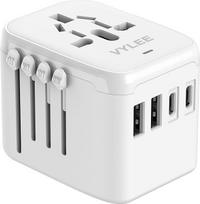 VYLEE universalus tarptautinis kelioninis kištukinis adapteris, "5-in-1" kelioninis kištukinis adapteris Europai su 3,5 A, 2 x USB-A ir 2 x USB-C sieniniu įkrovikliu ir pasauliniu kintamosios srovės kištukiniu lizdu Europai, JAV, Jungtinei Karalystei, Aus