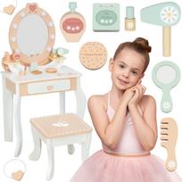 Medinis tualetinis staliukas su kėde, aksesuarais, veidrodžiu ir LED apšvietimu + kosmetika TOOKY TOY