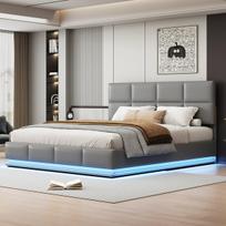 Polsterinė lova 180x200 cm su LED ir hidrauliniu sandėliavimu, PU, be čiužinio, šviesiai pilka