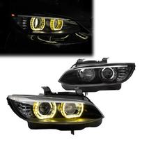 DTM style Xenon Priekiniai Žibintai su Geltonais LED Angel Eyes, komplektas skirtas BMW E92 / E93 PRE-LCI (06-10)