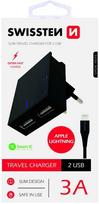 Swissten Premium Travel Charger 2 x USB 3A 15W + Lightning Cable, Black