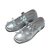 Suding Home~ Silver Single Shoes Women's Retro Mary Jane Versatile Soft Leather Bow Ballet Flats Female Original 35 sidabras
