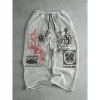 Gray Baggy Wide Leg Sweatpants for Men, White Abstract Tribal Flame Prints, Drawstring Closure, Street Style Casual Comfort S