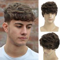 Brown Short Curly Synthetic Wig, Men's Textured Perm Wig with Bangs for Daily Wear white