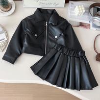 Girls' Autumn PU Leather Biker Outfit: Korean-Style Jacket & Pleated Skirt Set 140