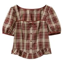 Sancai 2026 Summer French Square Neck Plaid Blouse 165/88A/L