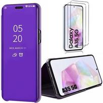 Case for Samsung Galaxy A35 5G + 2 Tempered Glasses, Smart Flip Cover with Stand, Mirror Effect, Shockproof Protection - Purple violetinė