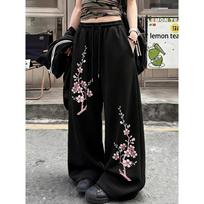 Loose Sports Pants, Pink Plum Blossom Printed Pants, High Waisted Wide Leg Pants, Daily Casual Straight Leg Pants, Comfortable Fabrics S