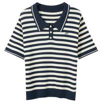 Sancai Plus Size Women's 2025 Autumn Striped Polo Neck Knitted Short Sleeve Sweater XL