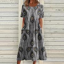 Women's Casual Dresses Printed Dresses Summer Dresses Printed Pleated Round Neck Midi Dresses Basic Classic Outdoor Daily Short Sleeve Loose Dresses XXL