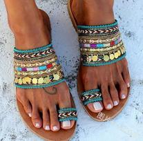 Chaussures de style ethnique bohème pour femmes, sandales plates ouvertes, tongs de plage, pantoufles pour femmes 35
