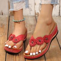 Women's Comfortable Flower Decor Thong Sandals - Fashionable Open Toe Slip On Flip Flops 35 raudona