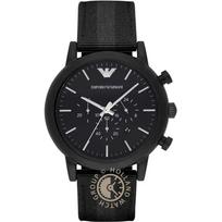 Emporio Armani AR1948 Vyriškas juodas kvarcinis chronografo laikrodis su juodu tekstilės ir odos derinio dirželiu juoda