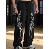 Men's Black Wide Leg Sweatpants with White Tribal Flame Prints, Drawstring Waist Loose Fit, Streetwear Style Y2K Fashion S