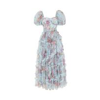 Bubble Sleeve Long Dress Fungus Edge Flower Skirt Fairy Dress S mėlyna
