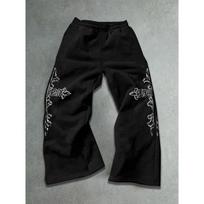 Wide Leg Men's Sweatpants with White Flame Tribal Abstract Prints, Drawstring, Loose Fit, Urban Street Style, Y2K Inspired S
