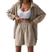 2 Pcs/Set Women Set Solid Color Collar Blouse Long Sleeves Lapel Shirt Shorts High Waist Loose XL chaki