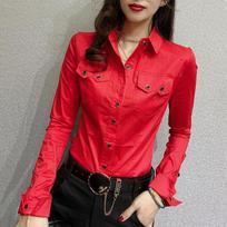 Office Lady Slim Solid Color Blouse Fashion Pockets Spliced Spring Autumn Chic Single-breasted Women's Clothing Polo-Neck Shirt L raudona