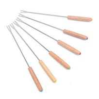 6pcs Fondue Fork Multifunctional Stainless Steel Wooden Handle Fondue Fork For Fruit Cheese Fondue Chocolate Fountain