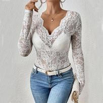 Spring Summer Long Sleeve Sheer Slim Ladies Black Crew V-neck T-Shirt Sexy Lace Women T Shirt See Through Transparent Mesh Tops S
