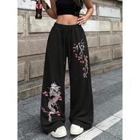 Cool Gothic Rock Street Style Retro Y2K Fashion Plum Blossom Print Drawstring Comfortable Casual Wide Leg Pants S