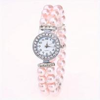 1PC New Fashion Elastic Watch Exquisite Dial Imitation Pearl String Bracelet Ladies Casual Watch Decorative Quartz Watch rožinė