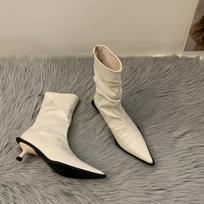 Smailianosiai aukštakulniai batai moterims rudeniui, prancūziško stiliaus, baikerių batai, seksuali prabangi dizainerių moteriška avalynė, Chelsea kaubojiški aulinukai 35 balta