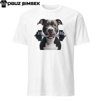 Unique Pitbull Terrier with Dumbbell Unisex T-Shirt | Short Sleeve, Gym Dog Tee S