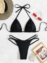 Seksualus raukšlėtas halteris su dirželiais stringų bikini moteriškas maudymosi kostiumėlis moterų maudymosi drabužiai dviejų dalių bikini komplektas maudytoja maudymosi kostiumėlis plaukimas S juoda