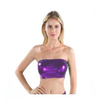 1Pc Women's Shiny Clubwear Bandeau Boob Tube Vest Polyester Fiber Wetlook Bra Crop Top PU Leather S violetinė