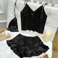 Female Sleepwear Pajamas Three-Piece Set Spring Summer Kimono Bathrobe Strap Top&Shorts Pijamas Suit Sexy Loose Satin Home Wear S