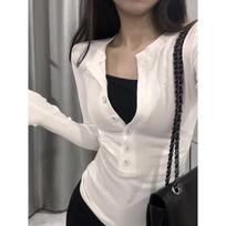 Spice Girl Shoulder Long Sleeve Shirt Women's Spring Skinny Single-breasted Top Bottom Shirt Tide S balta