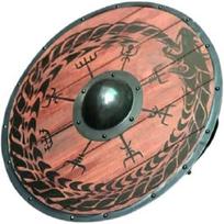24 colių medinis vikingų skydas rankų darbo, paruoštas mūšiui skydas ~ Drakono dizainas, skandinaviškas kompasas, rudas black