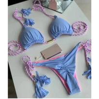 Swimwear Beach Vacation Outfits Thong Bikini Set Swimsuits Sexy Girl Bikinis Triangle Bandage Female Clothing Beachwear S mėlyna