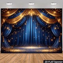 2D Flat Printing Stage Backdrop, Blue Gold Curtains & Lights Party Background 47.2x31.5inch/120*80cm blue