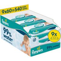 Pampers 99% Water Baby Wipes drėgnosios valomosios servetėlės vaikams 9x60 vnt.
