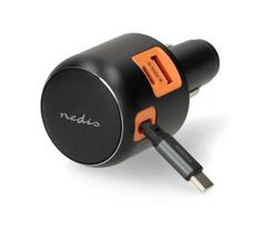 Nedis CCH1C1A60WBK - Automobilinis įkroviklis su įtraukiamu kabeliu, PD 30W, 2x USB-C + 1x USB-A