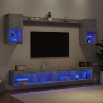 Sieninė TV sekcija su LED, 6 dalių, betono, apdirbta mediena