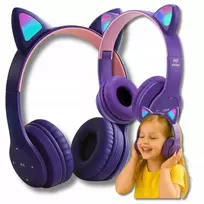 Vaikiškos belaidės Bluetooth on-ear ausinės su katės ausimis ir RGB LED