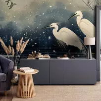 Fototapetai - Garniai virš žiemos tvenkinio japoniško stiliaus iliustracija