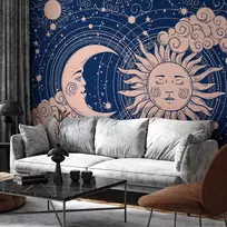 Fototapetai - Kosminė harmonija saulė ir mėnulis tamsiai mėlyname fone