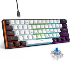 Snpurdiri mechaninė žaidimų klaviatūra 60%, laidinė, 61 mygtukas, RGB apšvietimas, mėlynieji jungikliai, juodai balta