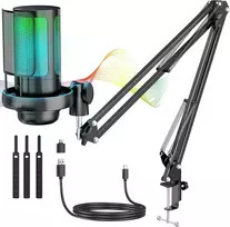 Anykuu USB kondensatorinis mikrofonas su RGB apšvietimu, kardioidiniu kryptingumu, 24 bitų / 192 kHz, ME6S