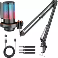 Anykuu USB kondensatorinis mikrofonas žaidimams, streamams ir podcastams su RGB, 1.5 m USB-C laidu, modelis 3730