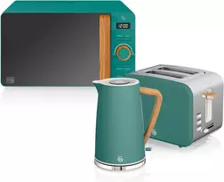 Swan virtuvės rinkinys Nordic stiliaus: virdulys 1,7 l 2200 W, skrudintuvas 2 riekėms, mikrobangų krosnelė 20 l, žalias