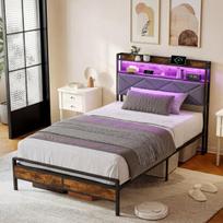 Viengulė lova 90 x 200 cm, su programėle valdoma LED lempute, USB Type-C jungtimi, juoda, lininė