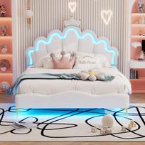 Vaikų Dvivietė Lova 140x200 Cm Su LED Apšvietimu, Reguliuojamo Aukščio Karūnos Formos Galvūgalis, Mergaičių Miegamajui, Balta PU Oda