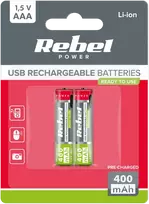 Akumulatorki REBEL AAA baterijos, 400 mAh, ličio jonų, 1,5 V, 2 vnt./bl, R3, C tipo lizdas