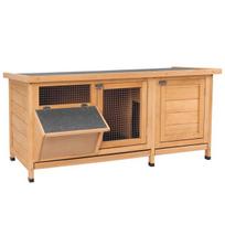 "PawHut" namelis mažiems gyvūnams 112x50x54 cm su grindų danga, asfaltuotu stogu, šėrykla iš eglės medienos, natūralios ir juodos spalvos, Gamta + juoda spalva